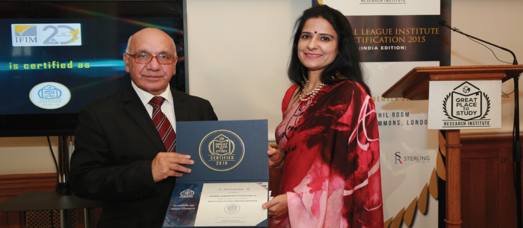 IFIM Institutions certified as 'Global League Institute' in London, UK by Great Place to Study Research Institute