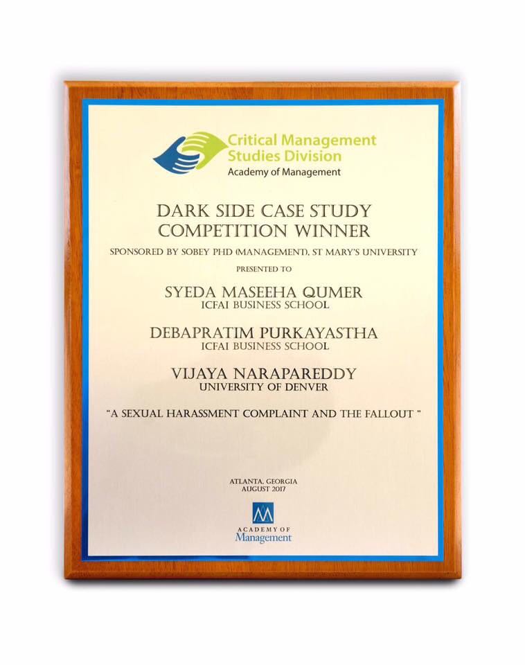 Dark Side Award By Academy Of Management Is Awarded To ICFAI Business School CASE Development Center